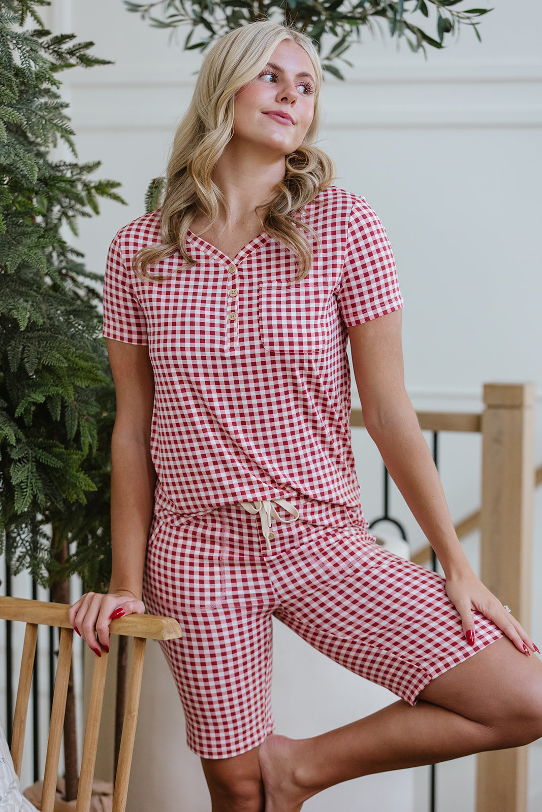 JAM SHORTS  HENLEY SET | Rose Tiny Gingham
