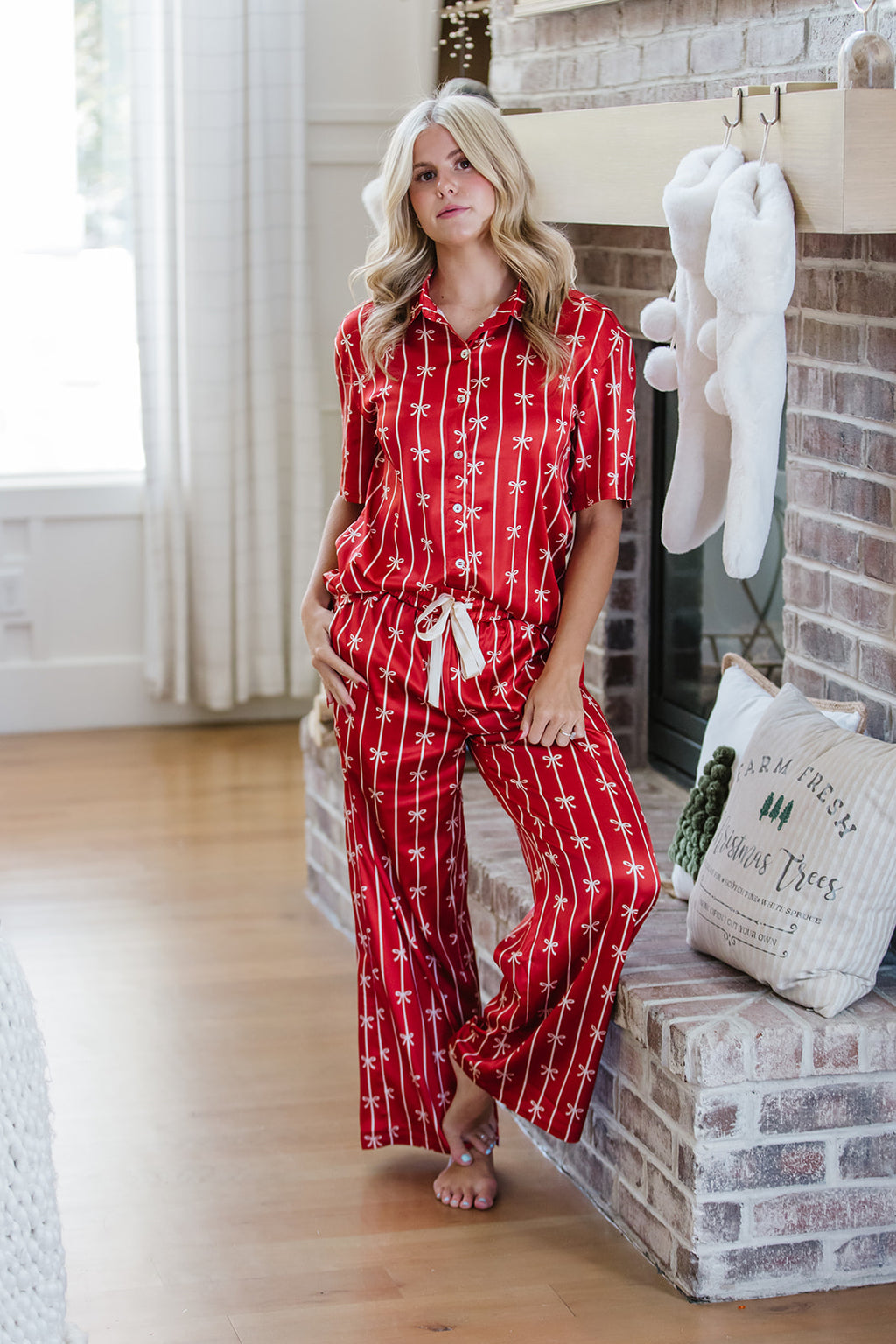 Satin Pajama Set | True Red Ribbons and Bows