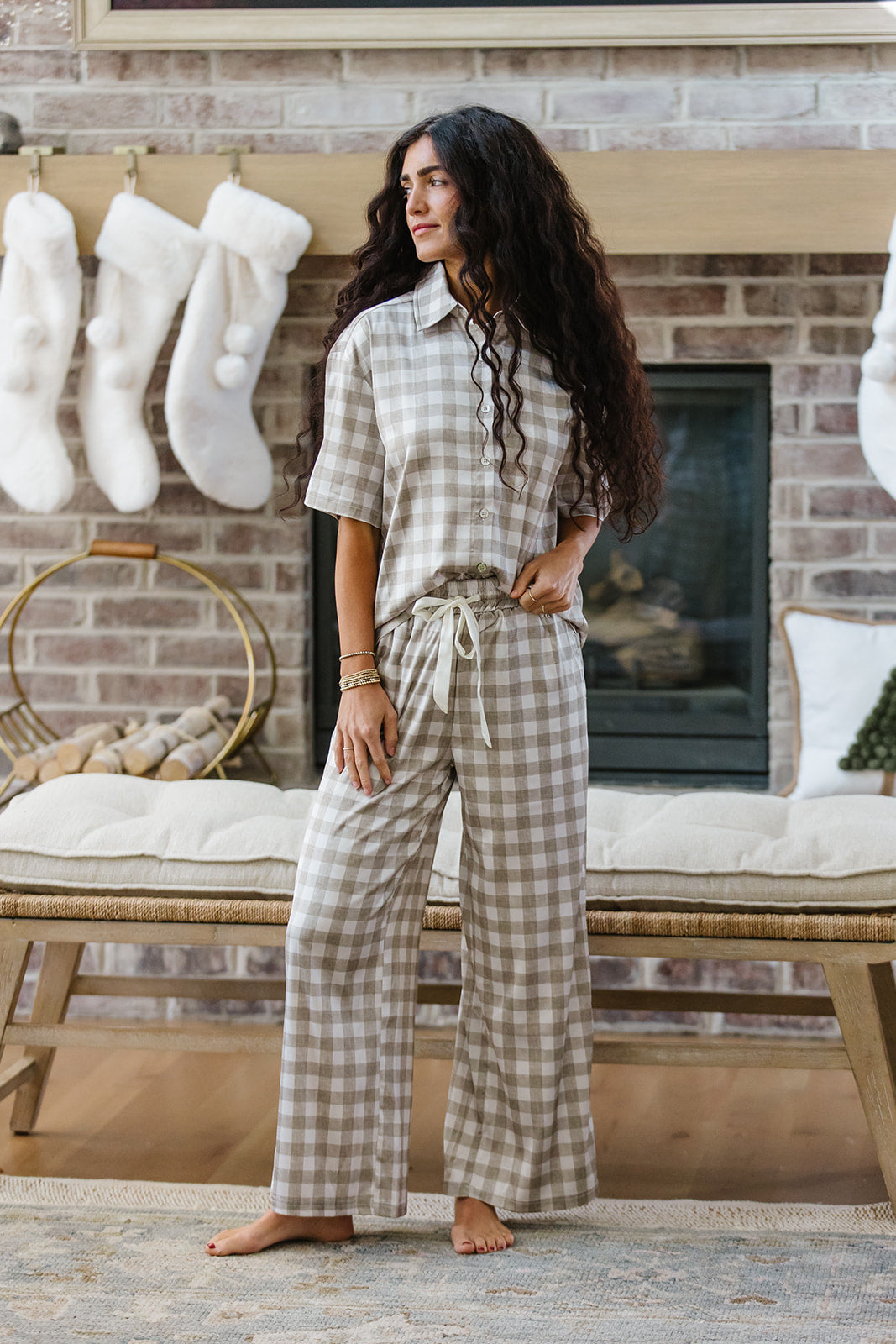 Satin Pajama Set | Beige Large Gingham