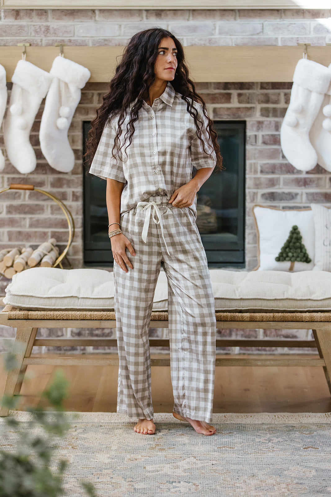 Satin Pajama Set | Beige Large Gingham