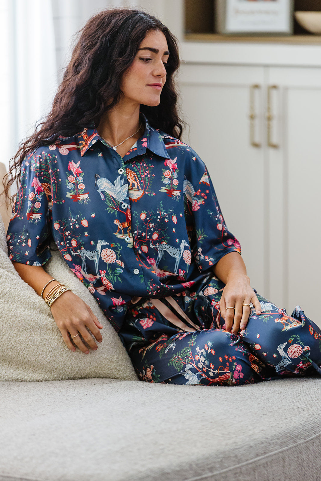 Satin Pajama Set | Navy Whimsical Wildlife