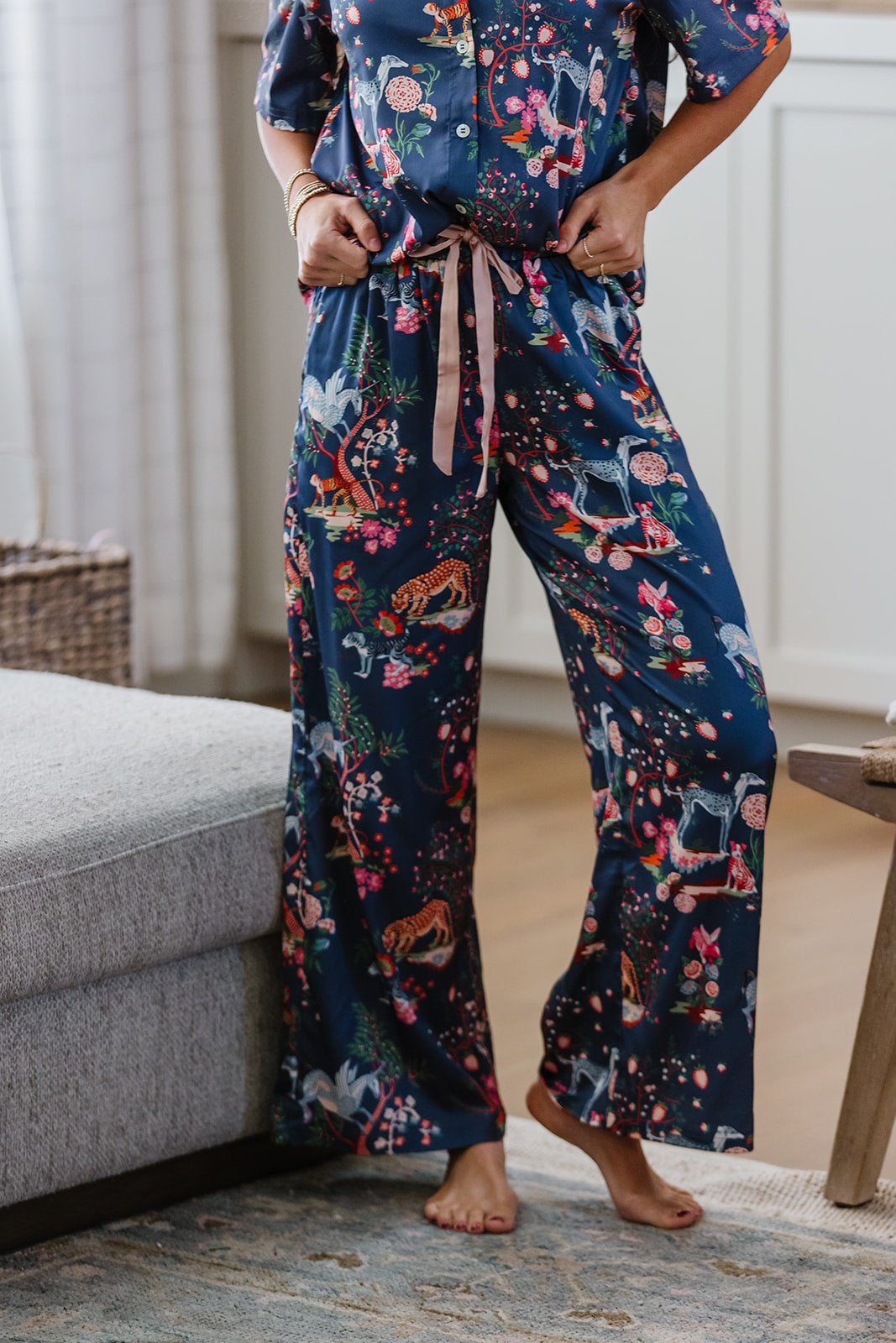 Satin Pajama Set | Navy Whimsical Wildlife