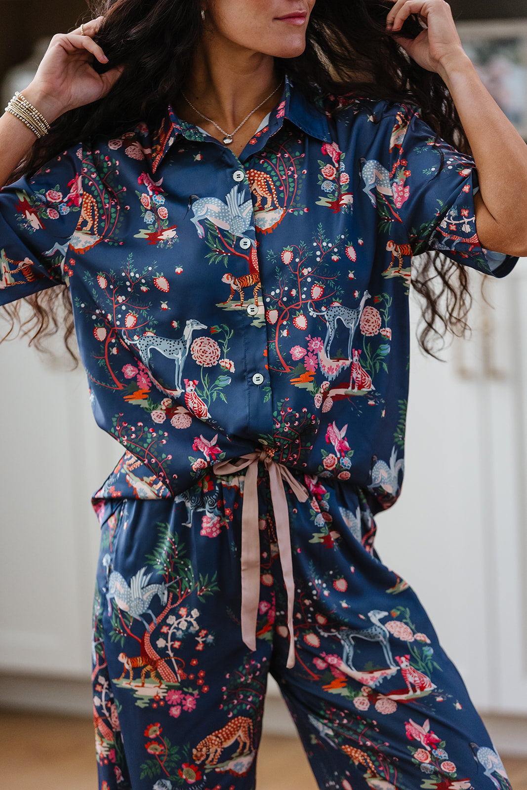 Satin Pajama Set | Navy Whimsical Wildlife
