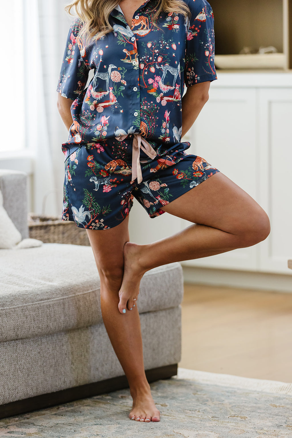 Satin Pajama Shorts Set |Navy Whimsical Wildlife