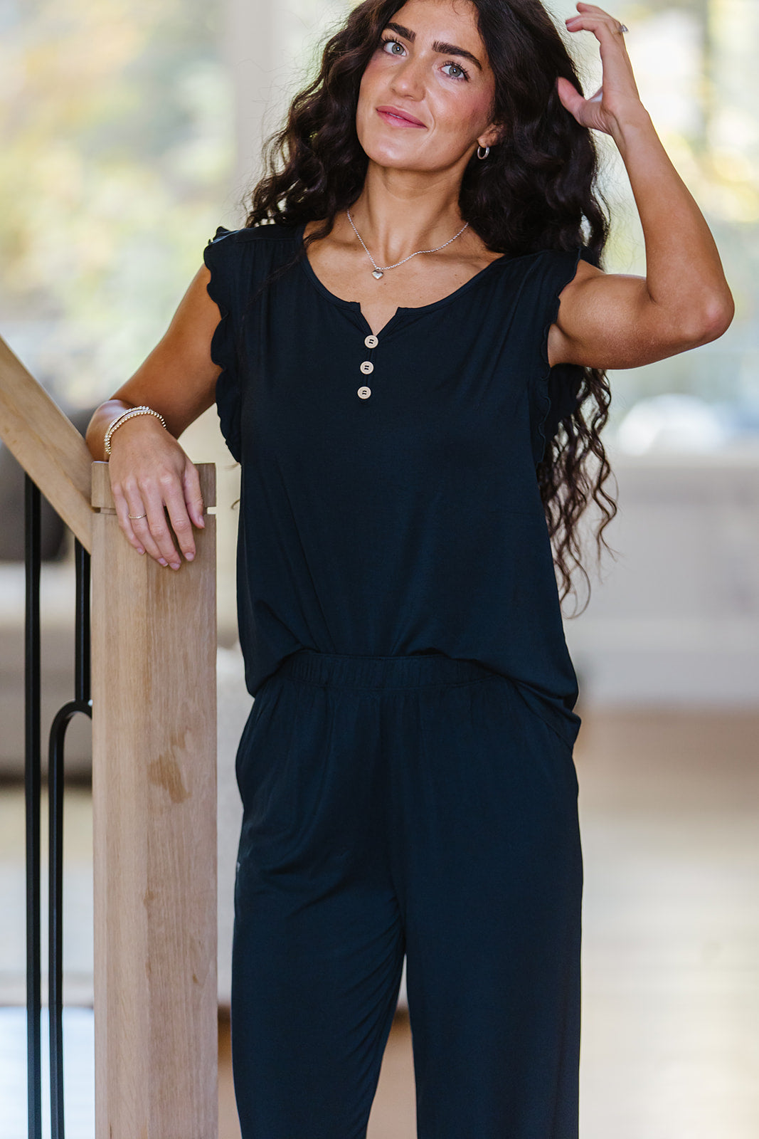 RUFFLE TANK PANT SET MODAL- Black