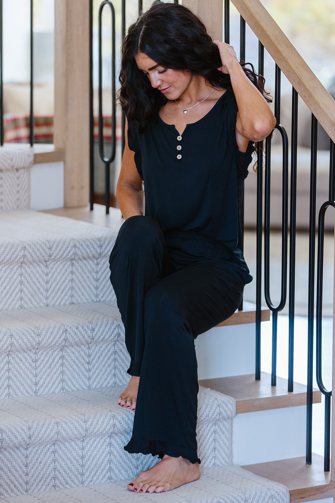 RUFFLE TANK PANT SET MODAL- Black