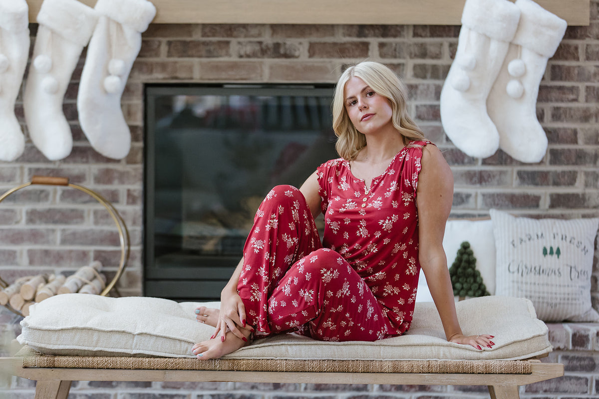 RUFFLE TANK PANT SET MODAL| Crimson Floral