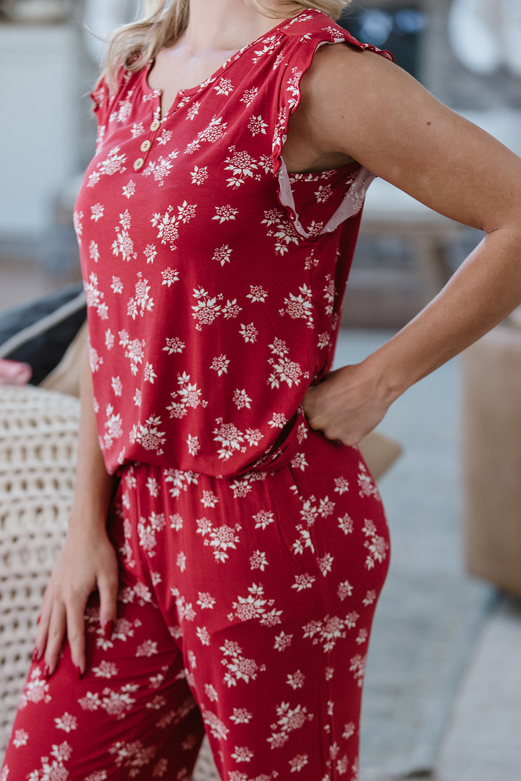 RUFFLE TANK PANT SET MODAL| Crimson Floral