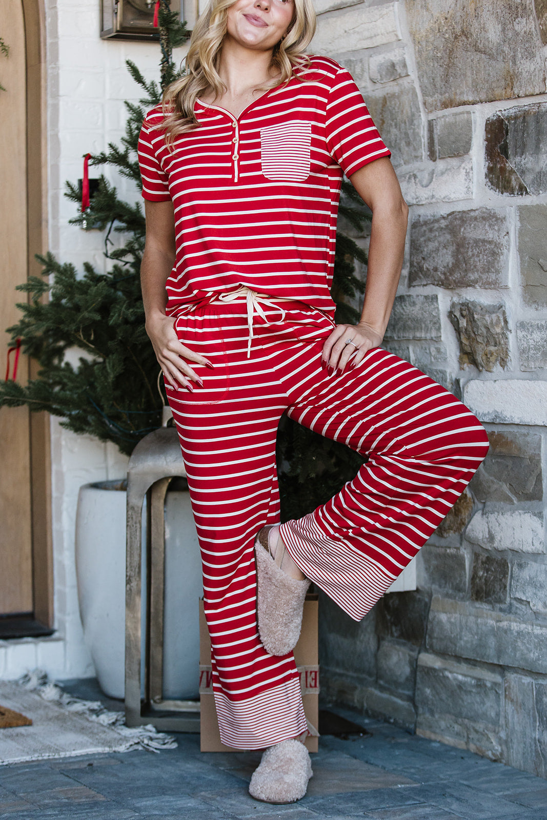 HENLEY STRAIGHT LEG PANTS SET MODAL | Red & Cream Stripe