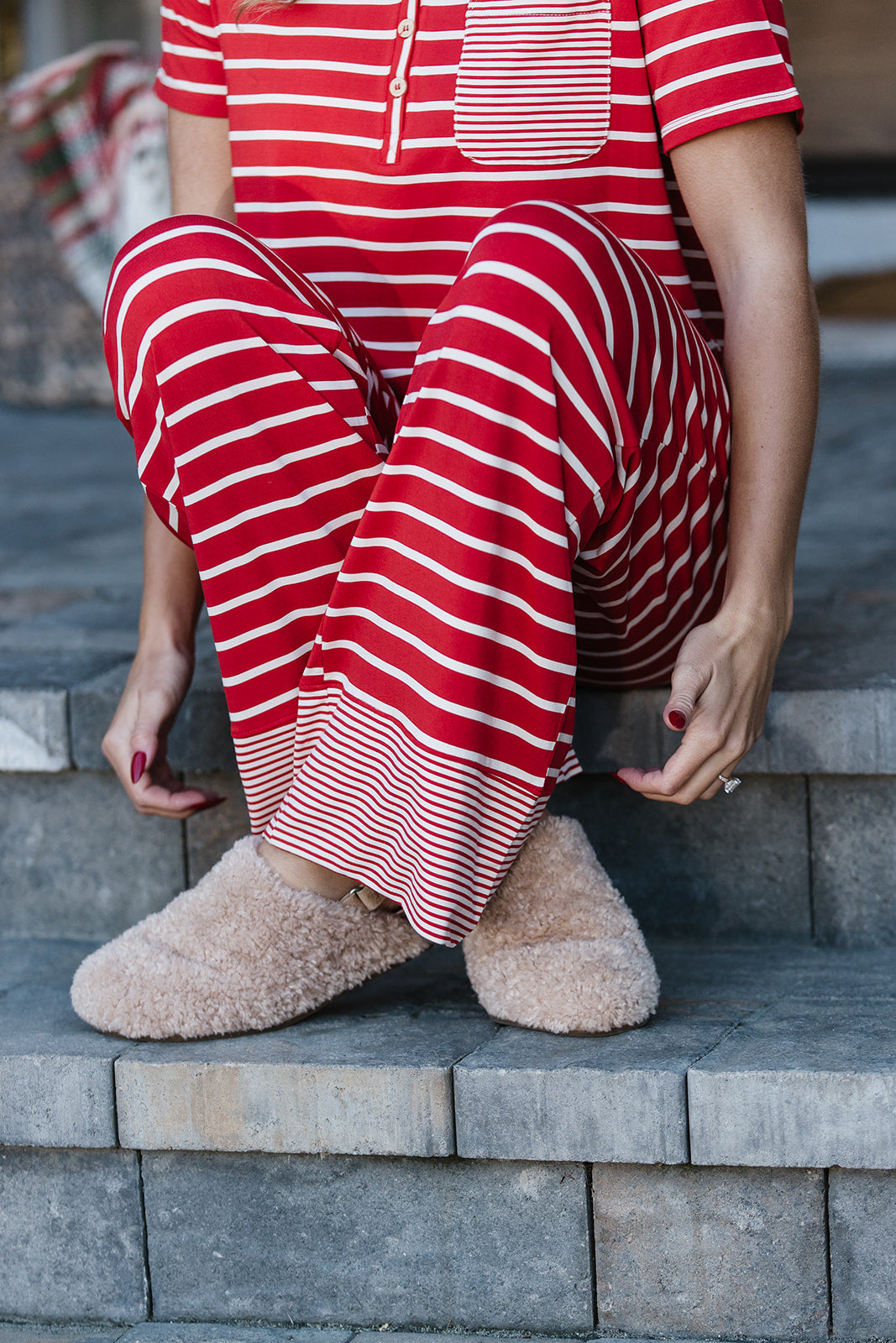 HENLEY STRAIGHT LEG PANTS SET MODAL | Red & Cream Stripe