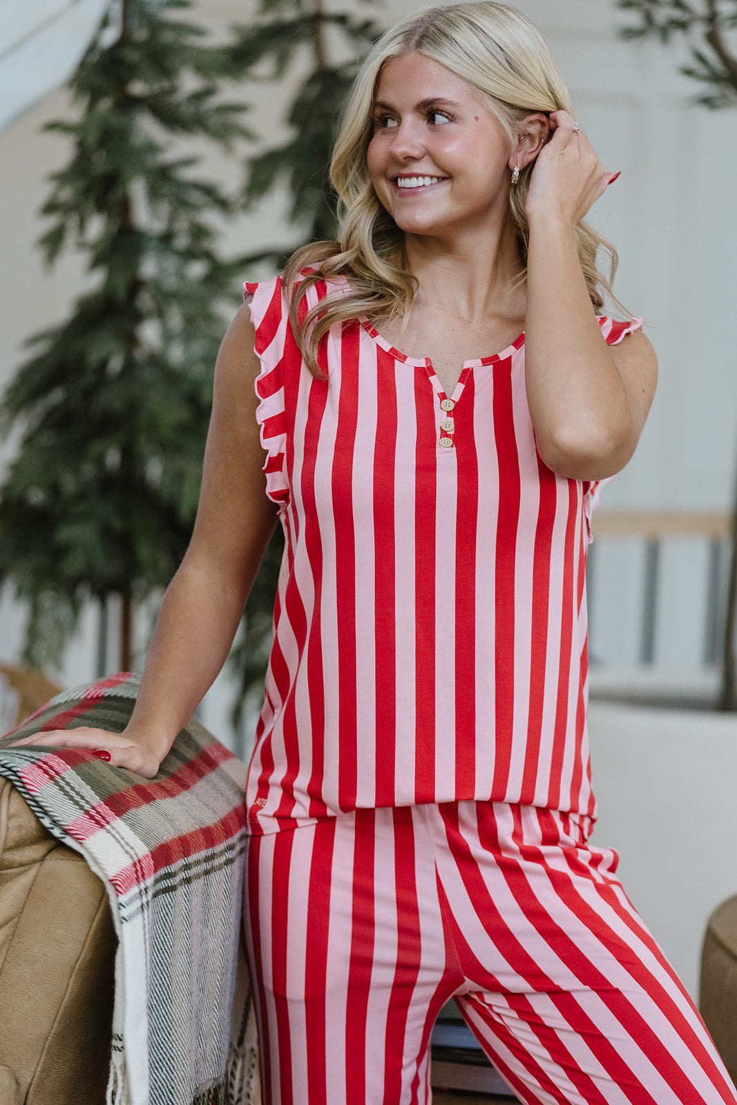 RUFFLE TANK PANT SET MODAL- Red & Pink Stripe