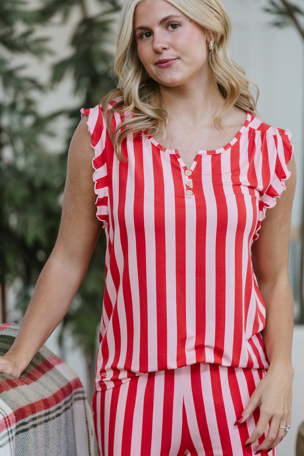 RUFFLE TANK PANT SET MODAL- Red & Pink Stripe