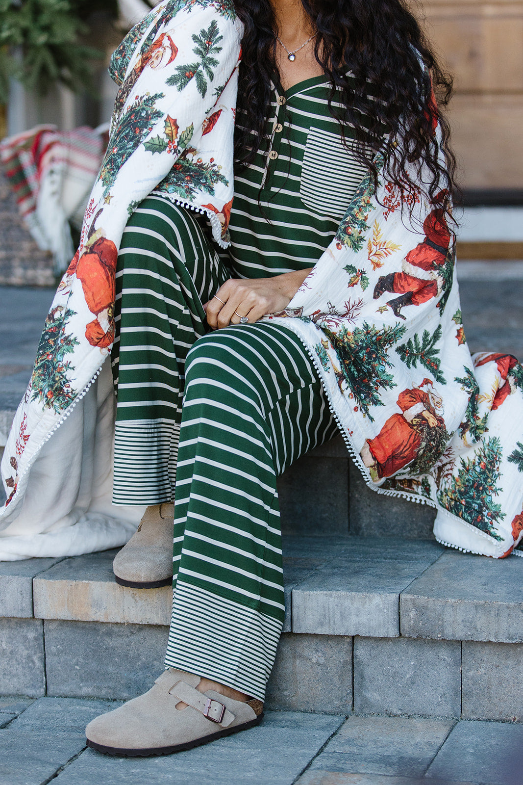 HENLEY STRAIGHT LEG PANTS SET MODAL | Fir and Cream Stripe