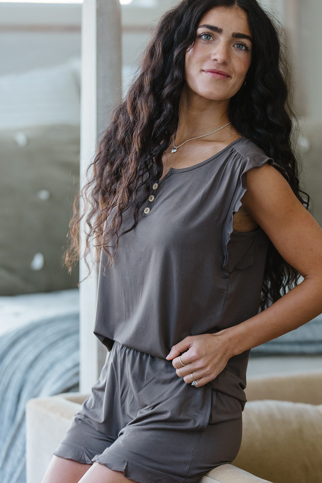 RUFFLE TANK SHORTS SET MODAL| Chocolate Brown