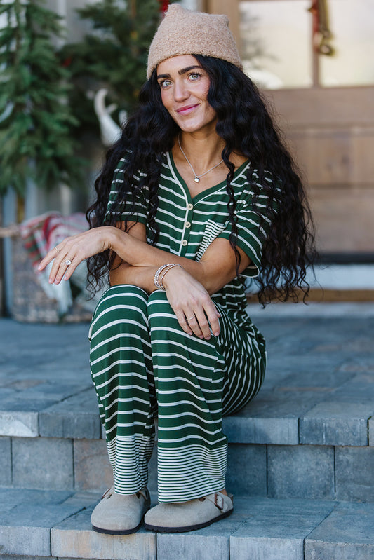 HENLEY STRAIGHT LEG PANTS SET MODAL | Fir and Cream Stripe