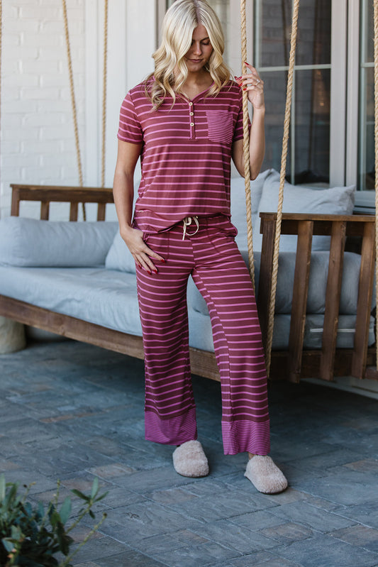 HENLEY STRAIGHT LEG PANTS SET MODAL | Plum & Pink Stripe