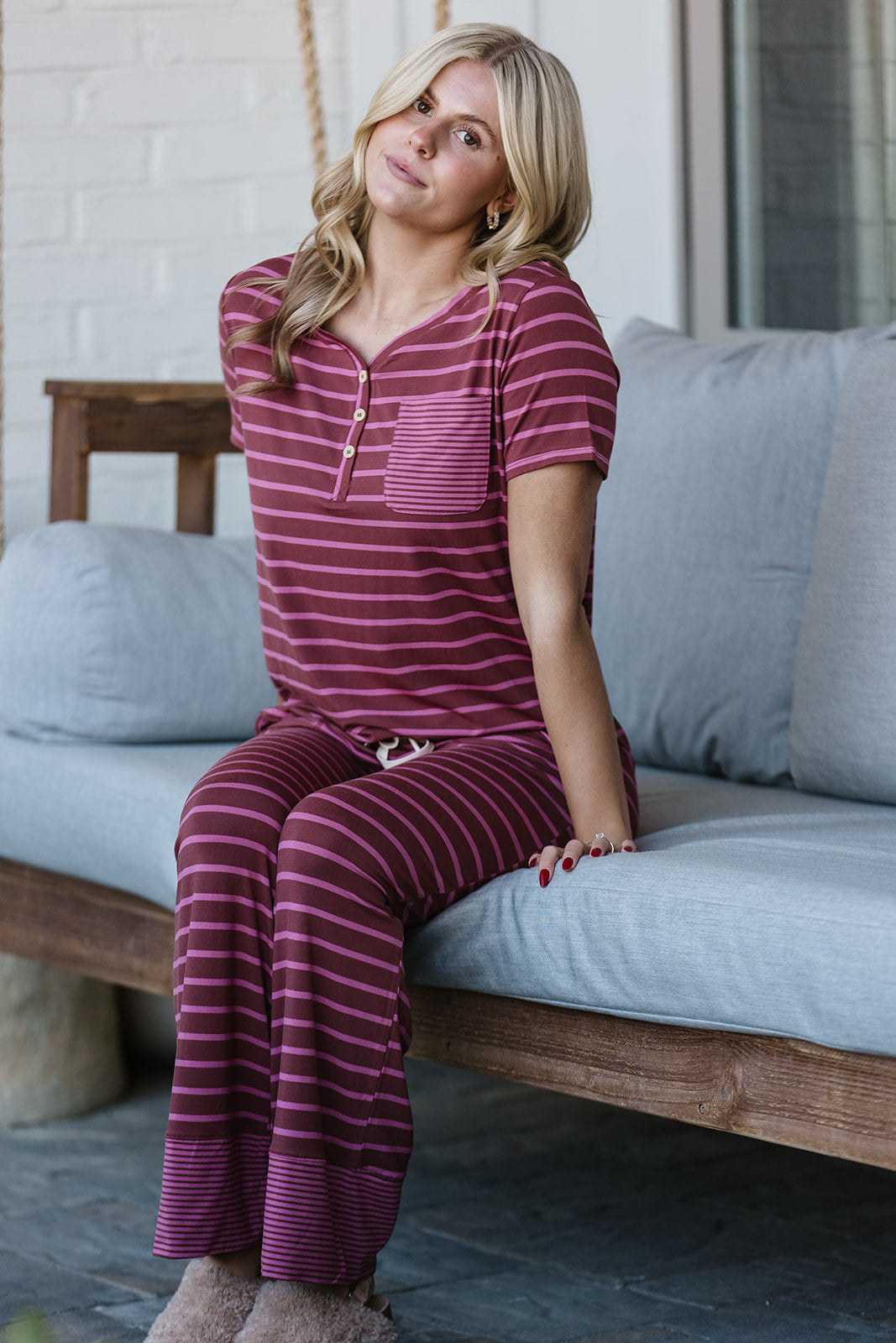 HENLEY STRAIGHT LEG PANTS SET MODAL | Plum & Pink Stripe