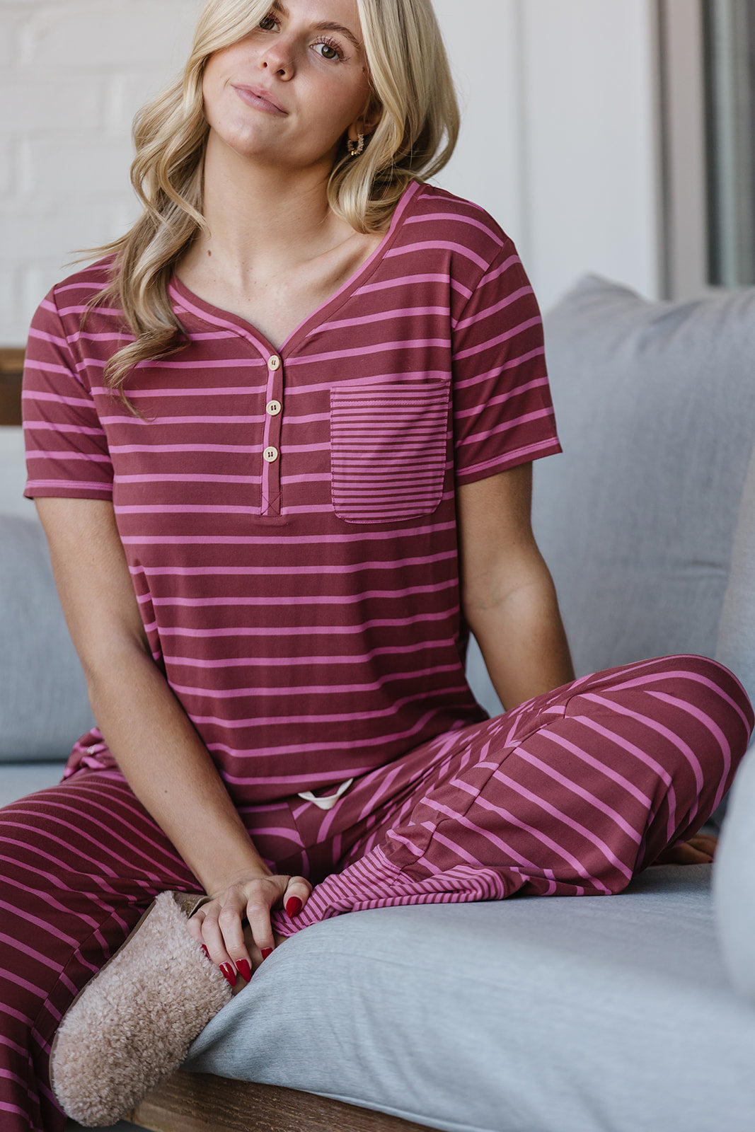HENLEY STRAIGHT LEG PANTS SET MODAL | Plum & Pink Stripe