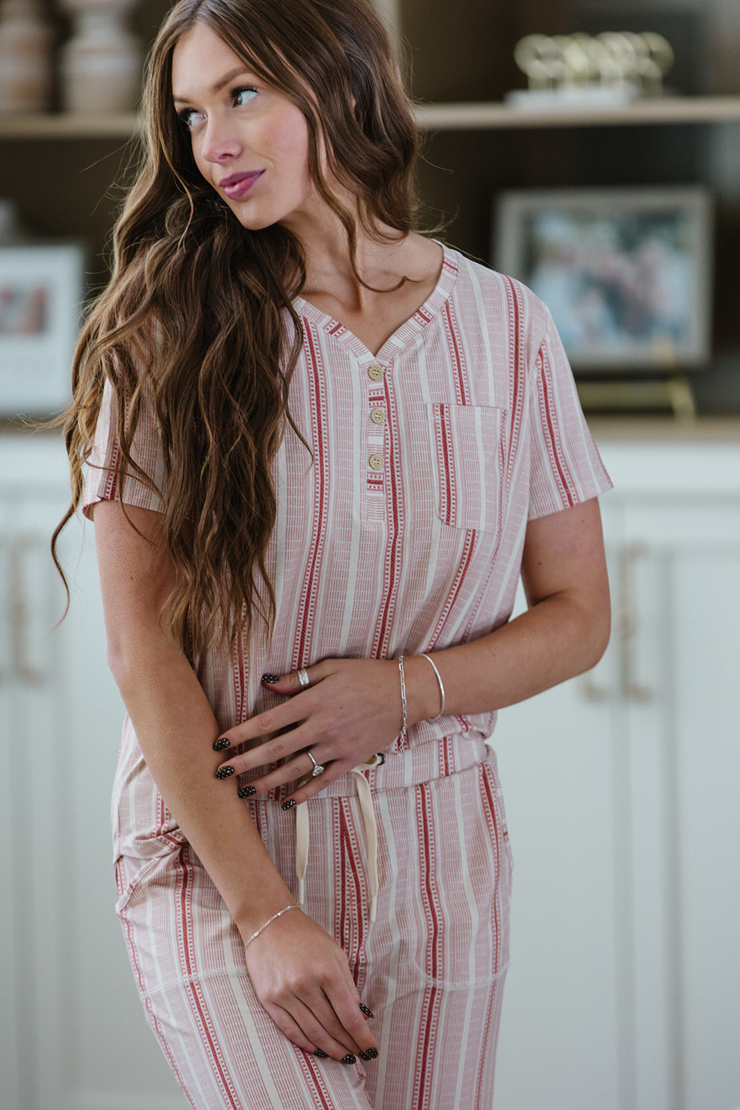 HENLEY STRAIGHT LEG PANTS SET MODAL |  Vintage Variegated Red Stripe