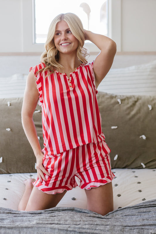 RUFFLE TANK SHORTS SET MODAL - Red & Pink Stripe