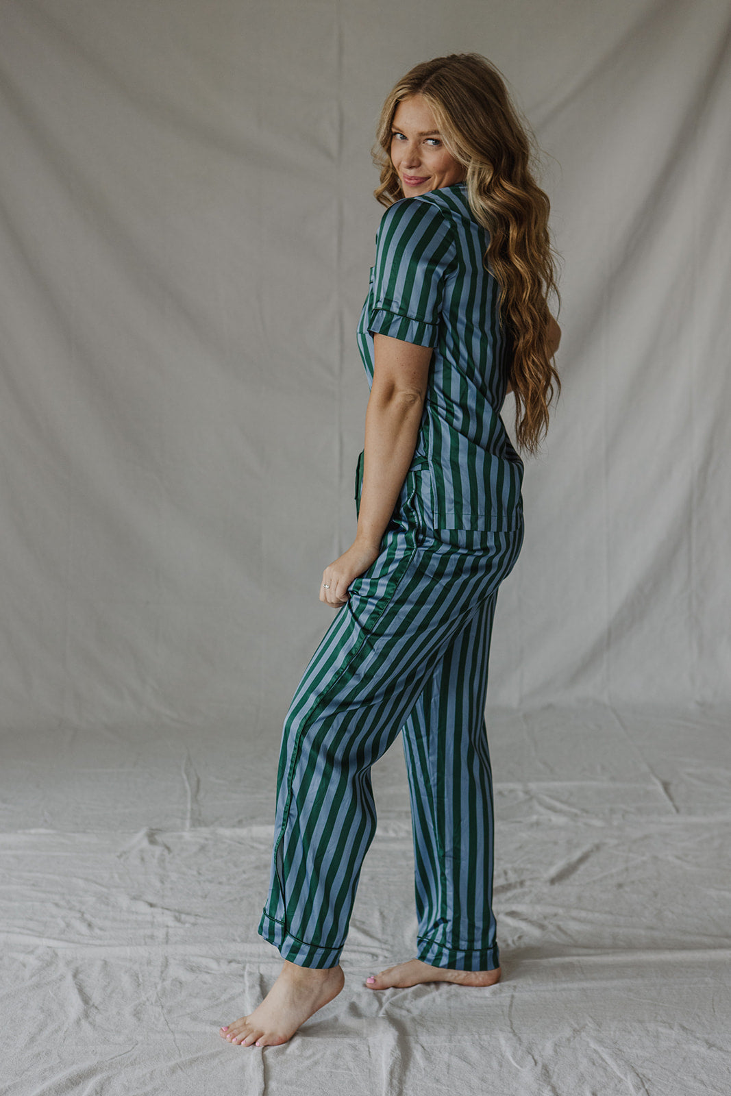 Satin Pajama Set | Blue/Green Stripe Short Sleeve