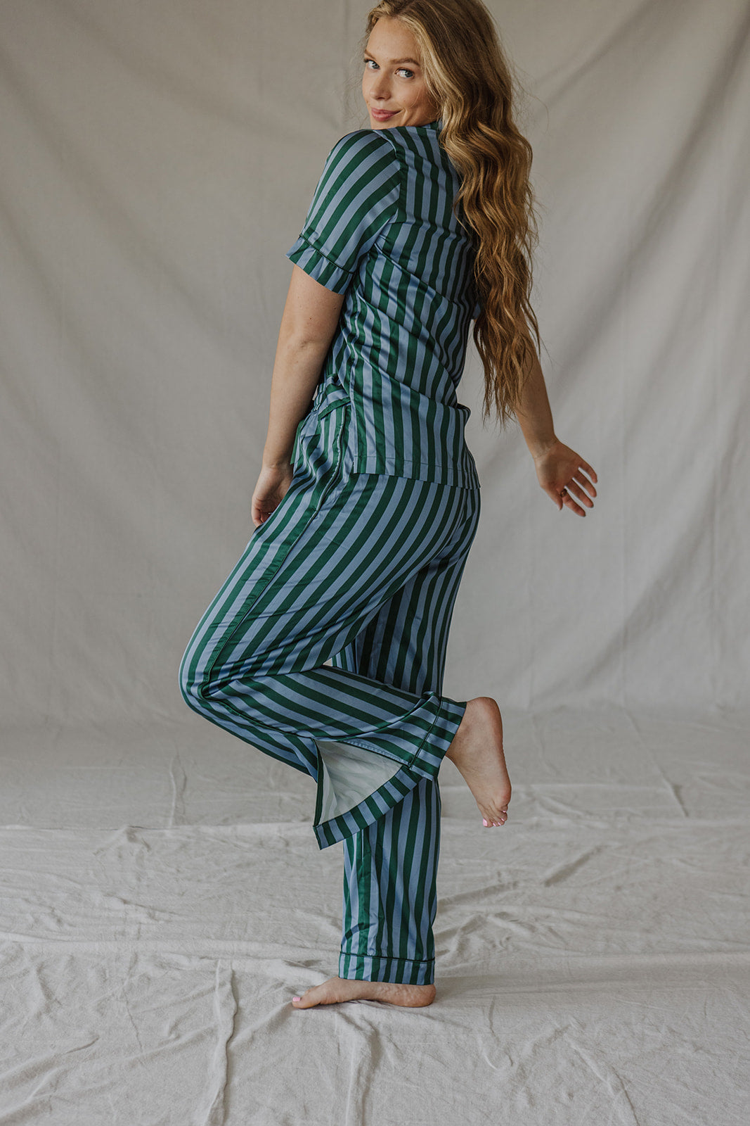 Satin Pajama Set | Blue/Green Stripe Short Sleeve