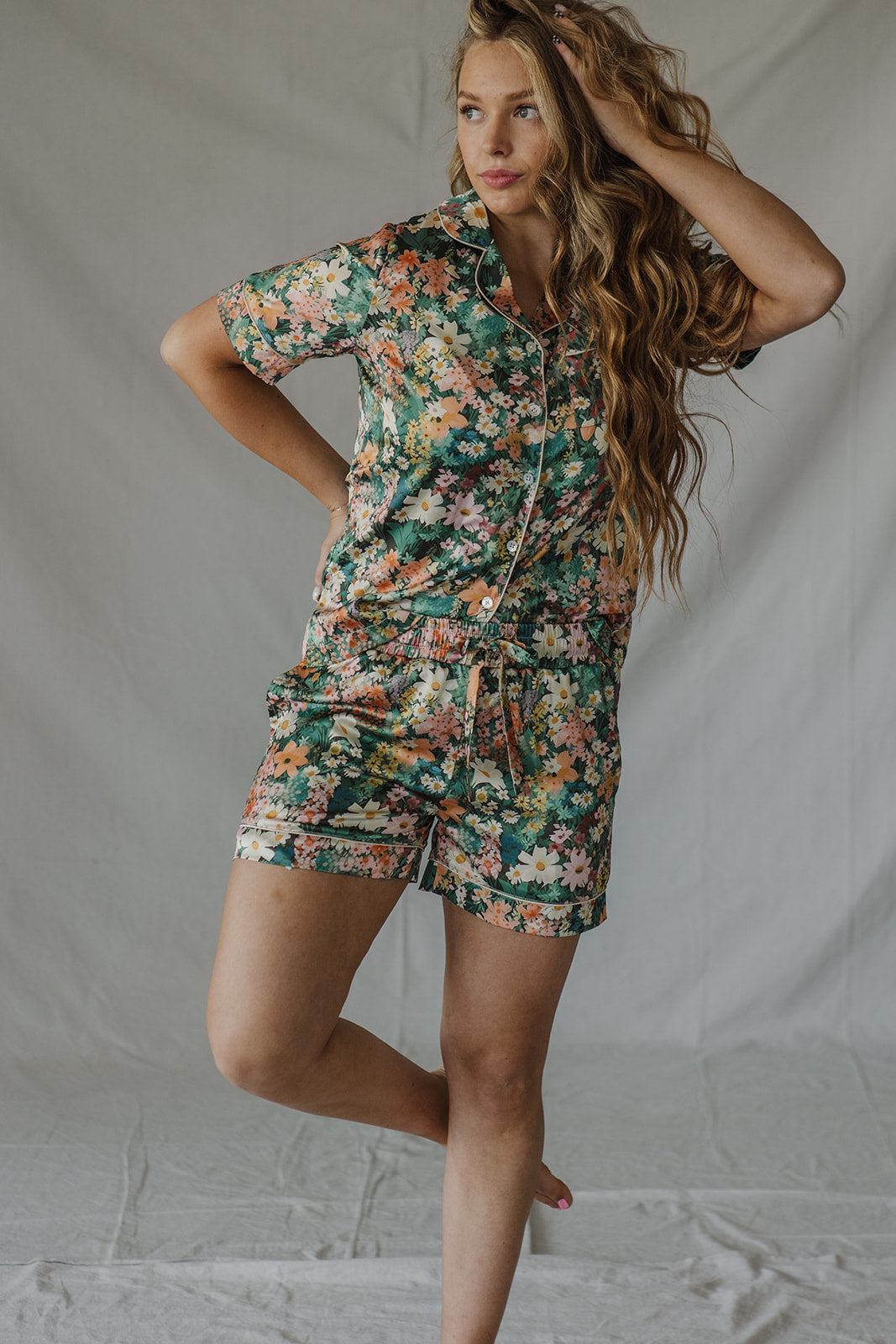 Satin Pajama Shorts Set | Fall Floral Short Sleeve