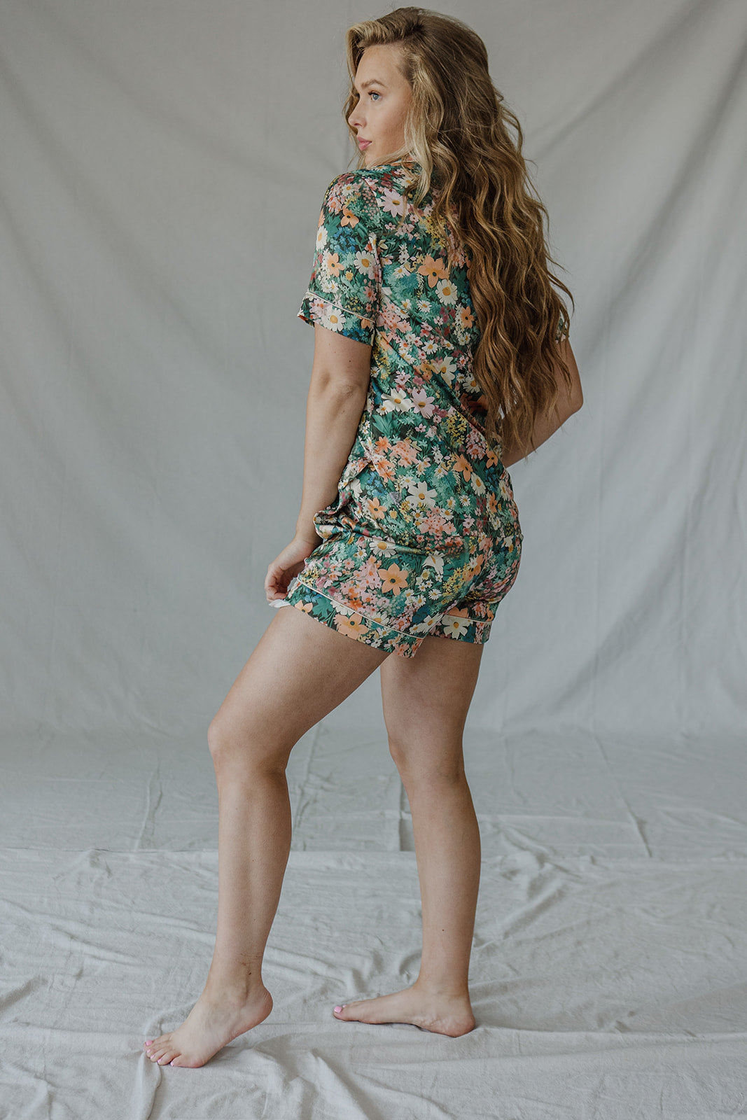 Satin Pajama Shorts Set | Fall Floral Short Sleeve