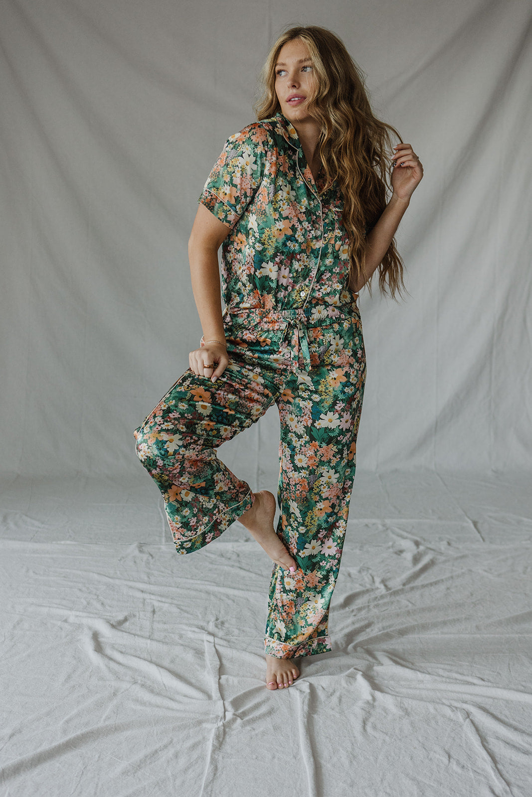 Satin Pajama Set | Fall Floral Short Sleeve