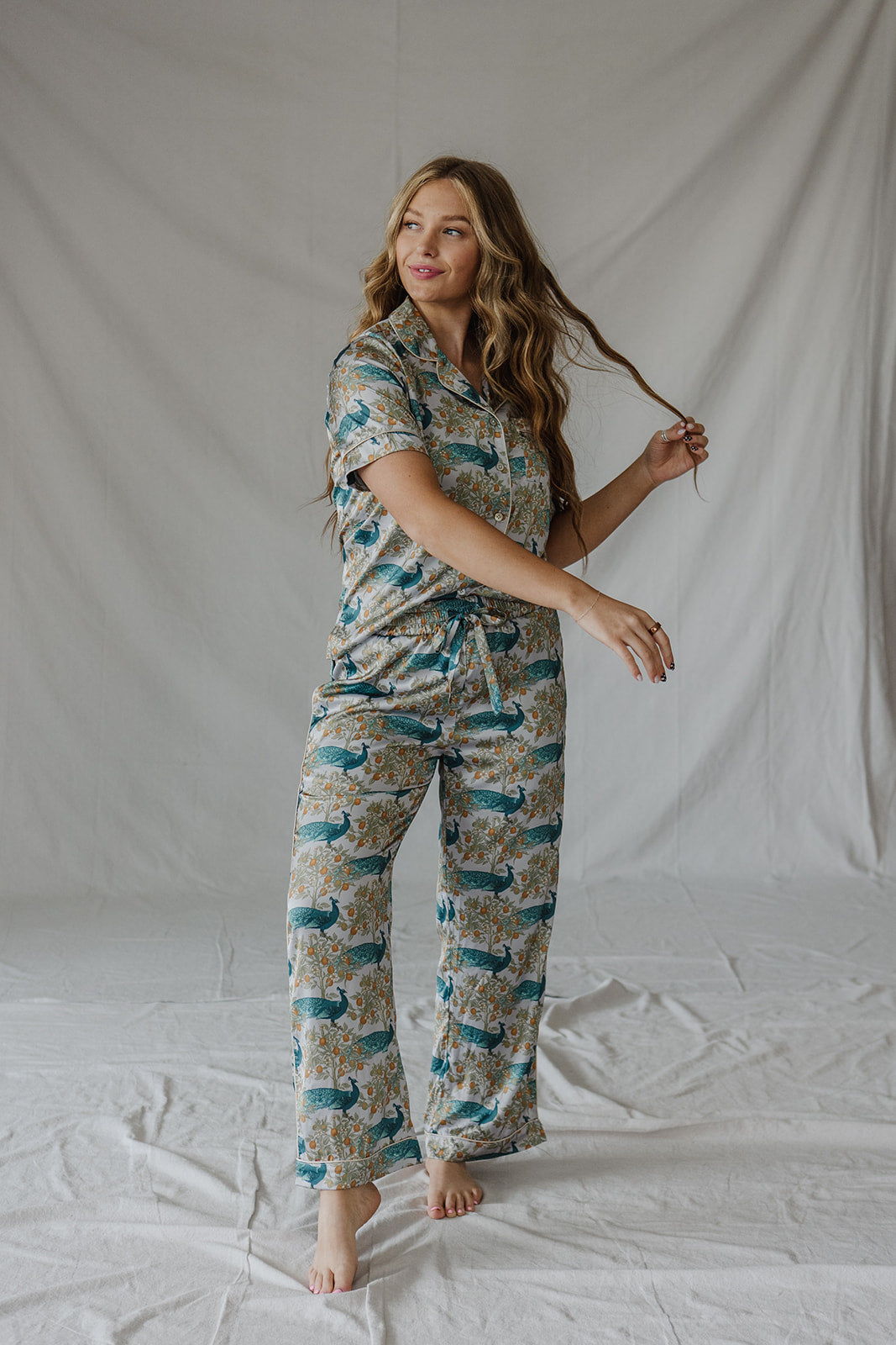 Satin Pajama Set | Peacock Short Sleeve