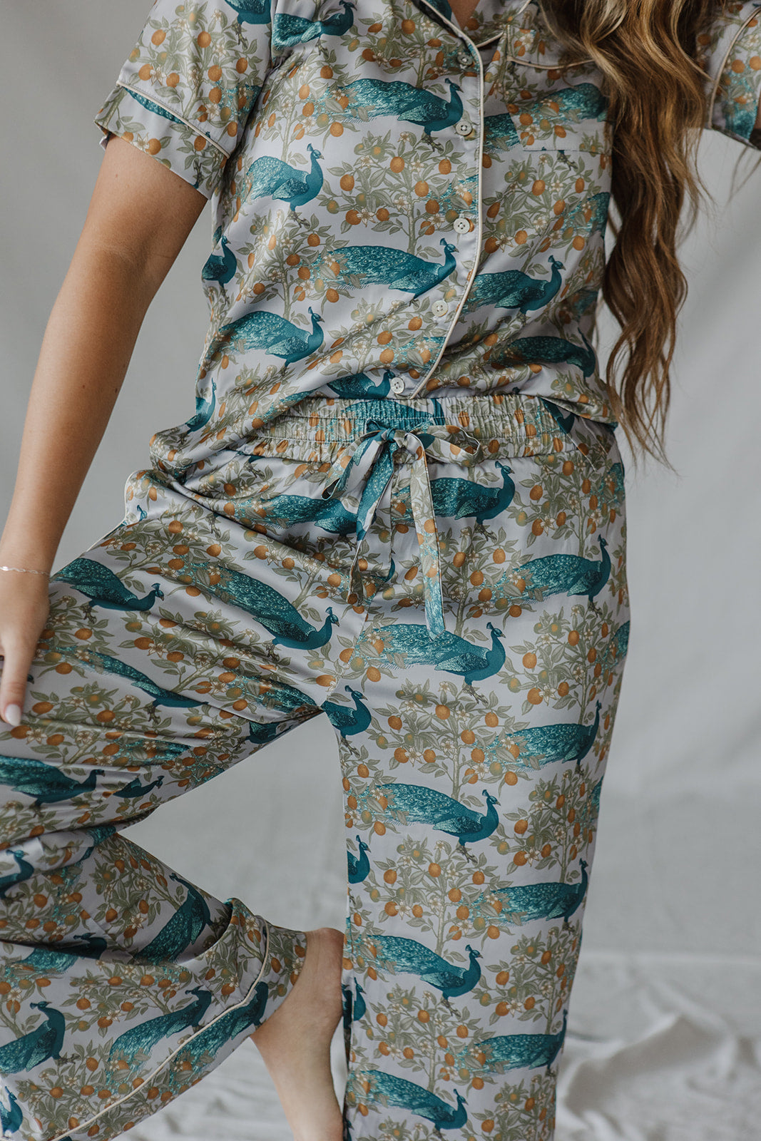 Satin Pajama Set | Peacock Short Sleeve