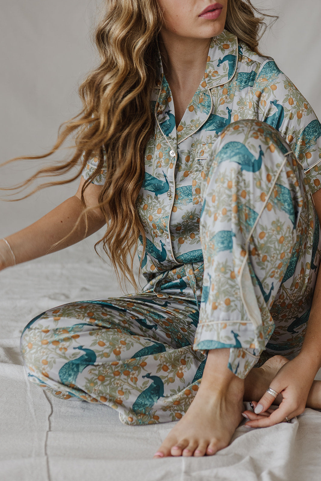 Satin Pajama Set | Peacock Short Sleeve