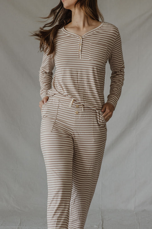 HENLEY PANTS SET LONG SLEEVE | Tan & Cream Stripe