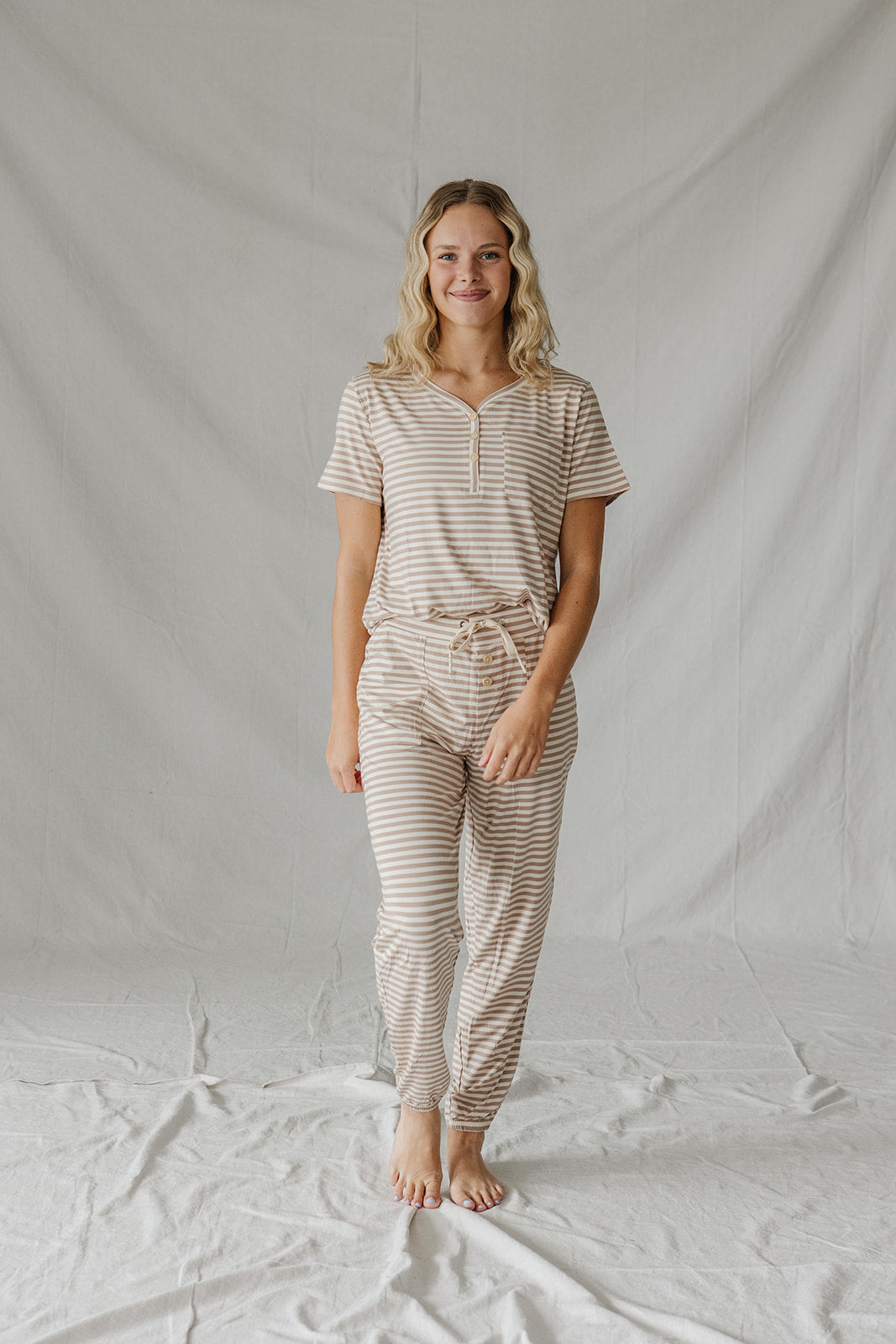 HENLEY PANTS SET SHORT SLEEVE | Tan & Cream Stripe