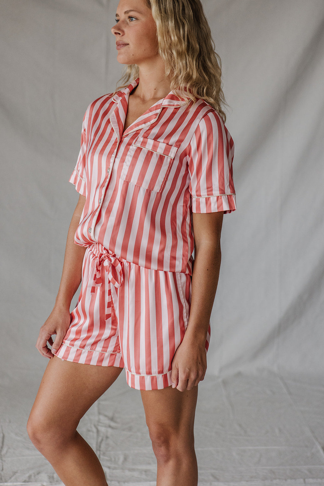 Satin Pajama Shorts Set | Pink Stripe Short Sleeve