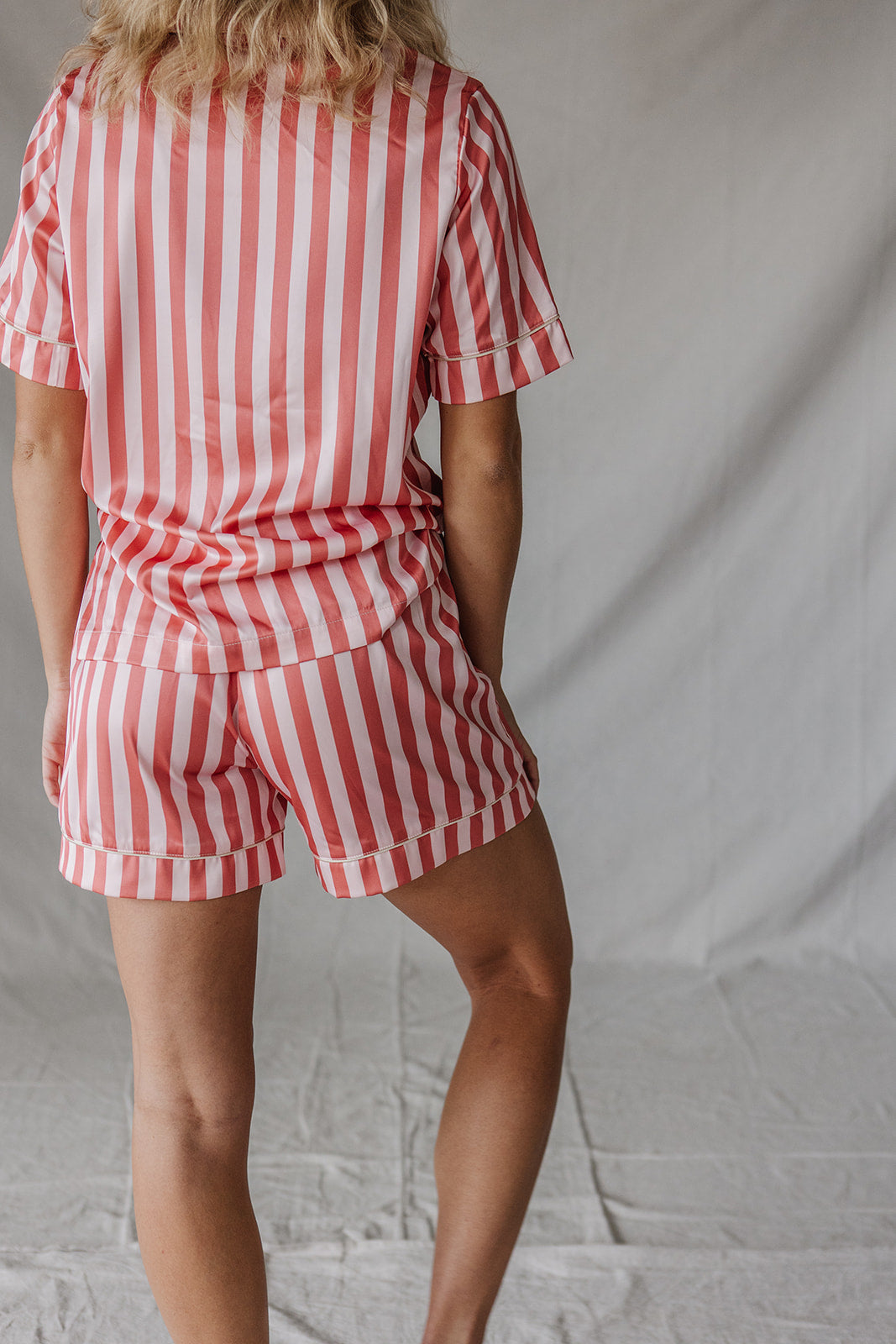 Satin Pajama Shorts Set | Pink Stripe Short Sleeve