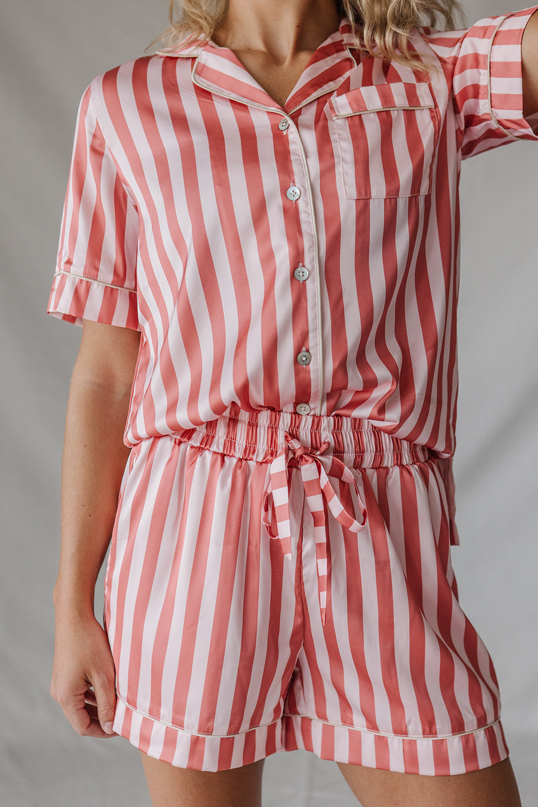 Satin Pajama Shorts Set | Pink Stripe Short Sleeve