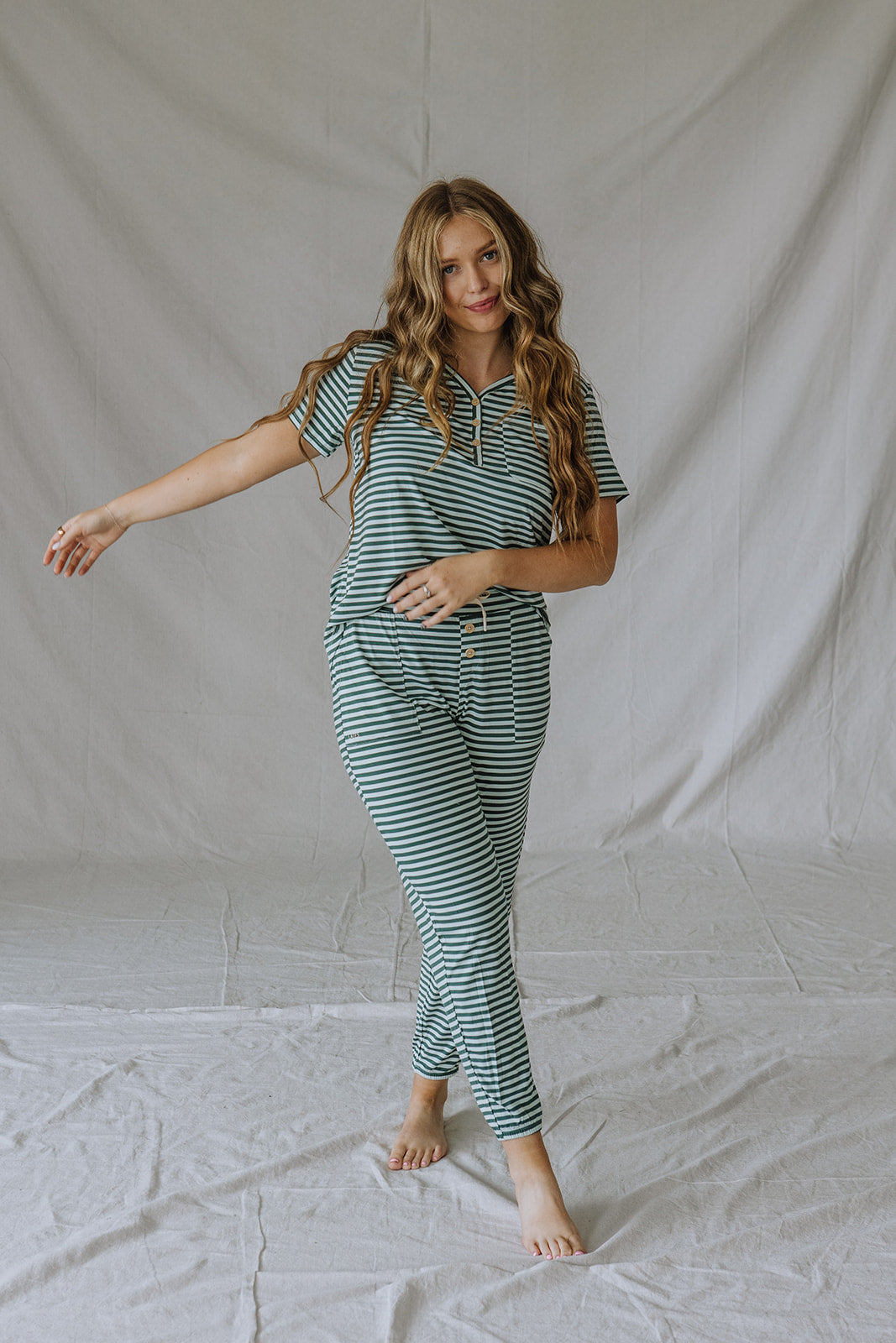 HENLEY PANTS SET SHORT SLEEVE | Cooling Oasis & Bistro Green Stripe