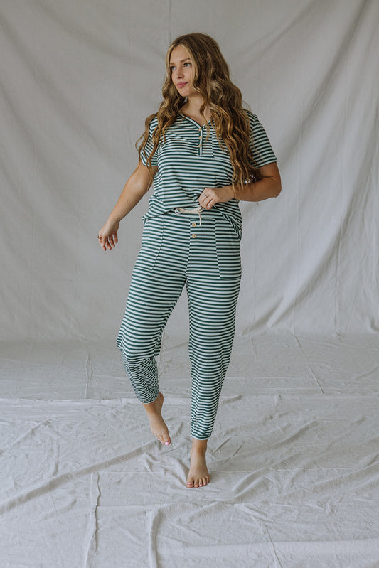 HENLEY PANTS SET SHORT SLEEVE | Cooling Oasis & Bistro Green Stripe