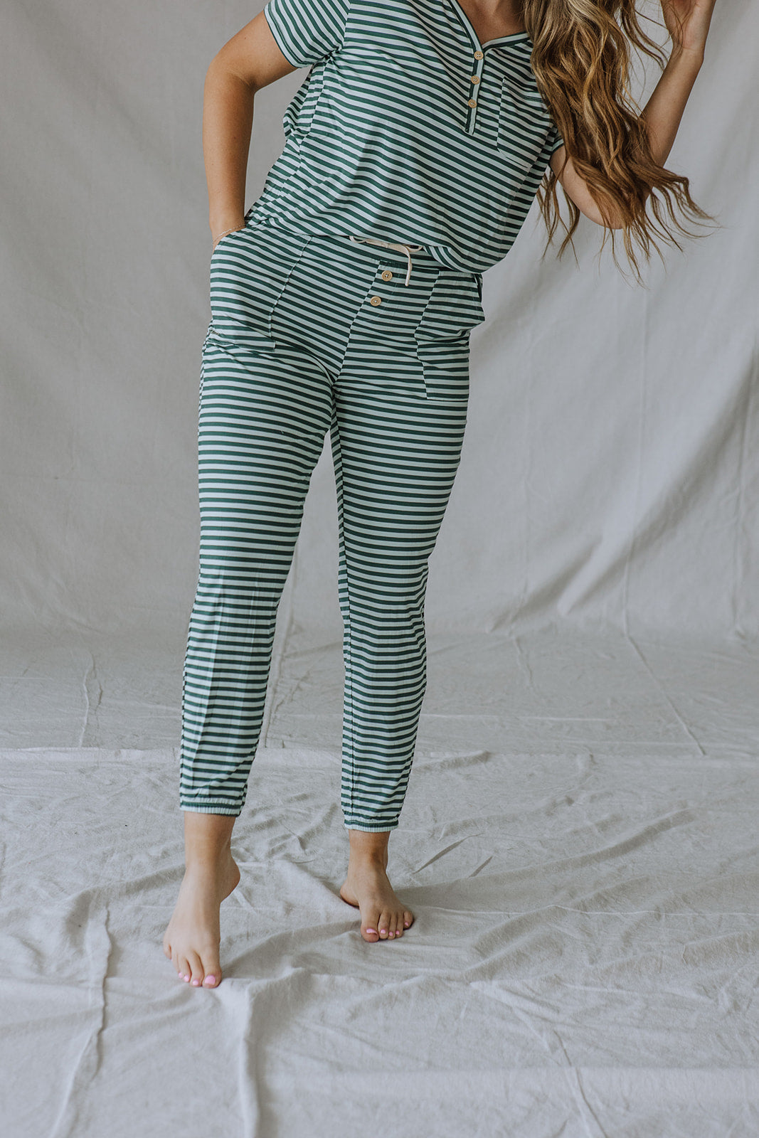 HENLEY PANTS SET SHORT SLEEVE | Cooling Oasis & Bistro Green Stripe