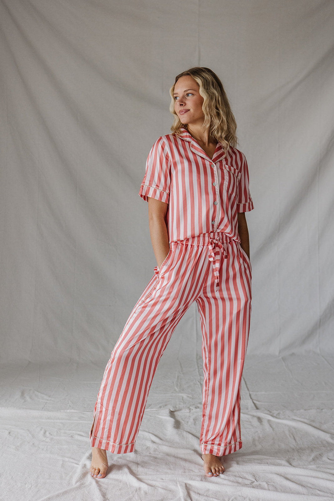 Satin Pajama Set | Pink Stripe Short Sleeve