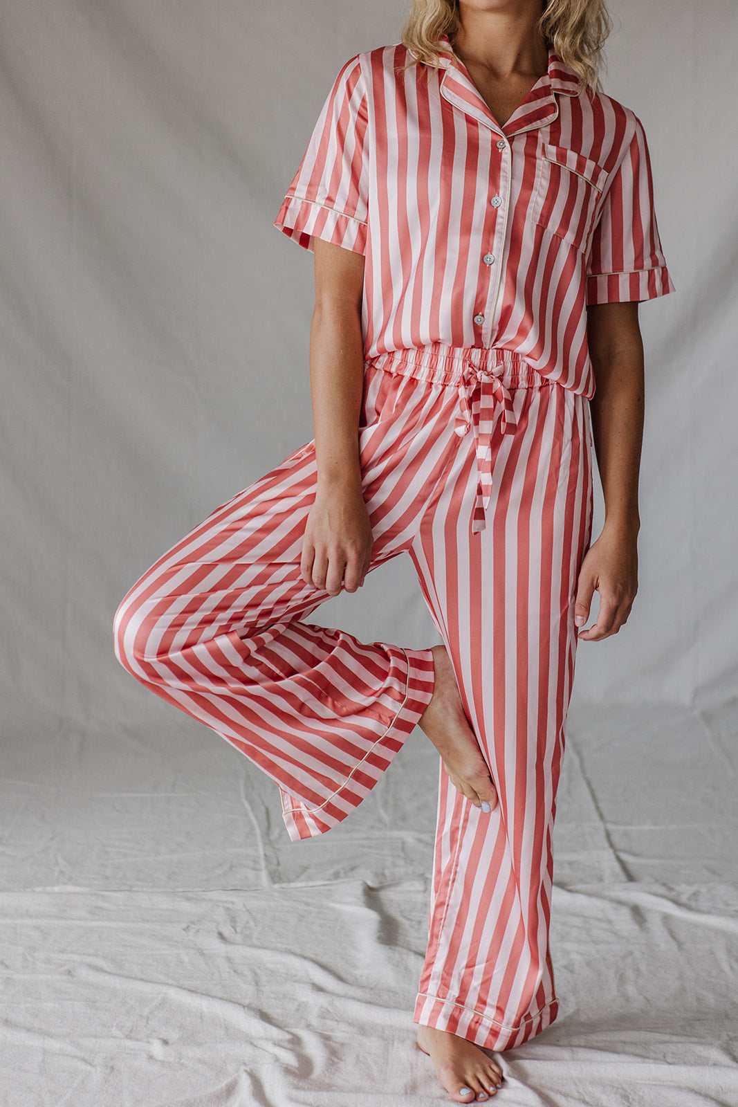 Satin Pajama Set | Pink Stripe Short Sleeve