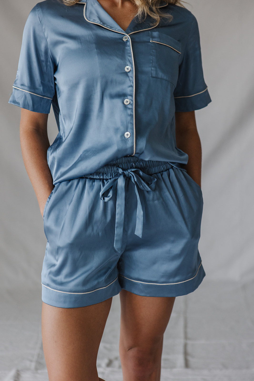 Satin Pajama Shorts Set | Blue Short Sleeve