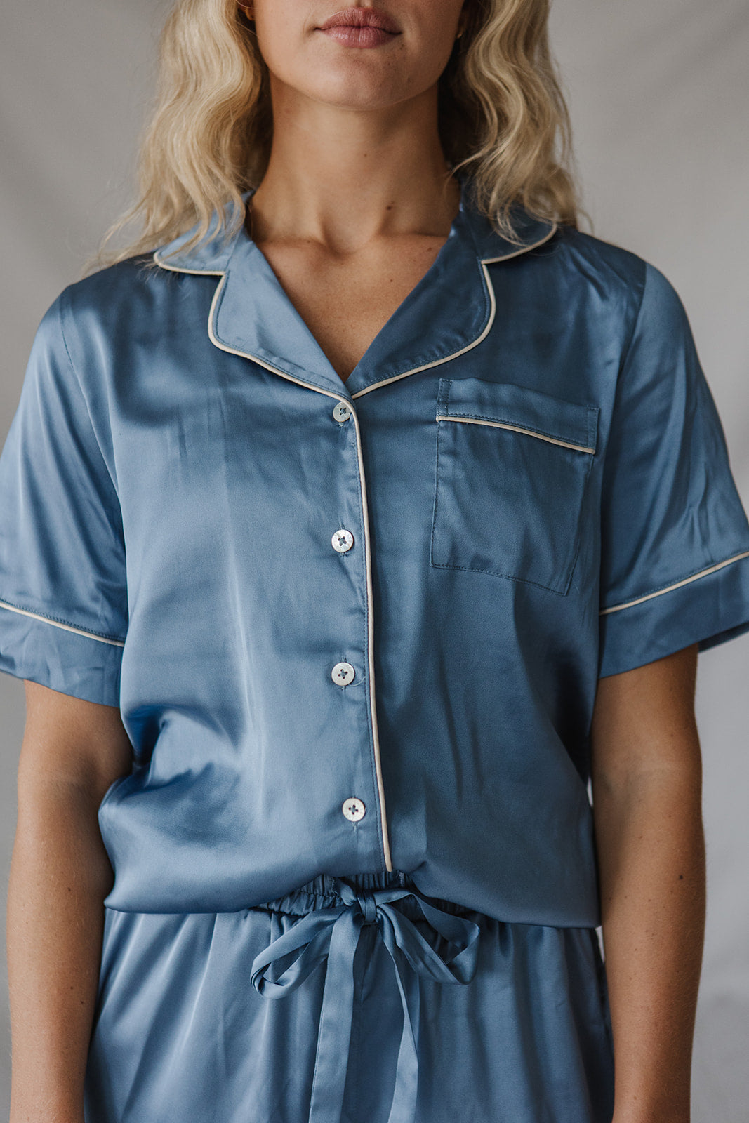 Satin Pajama Shorts Set | Blue Short Sleeve