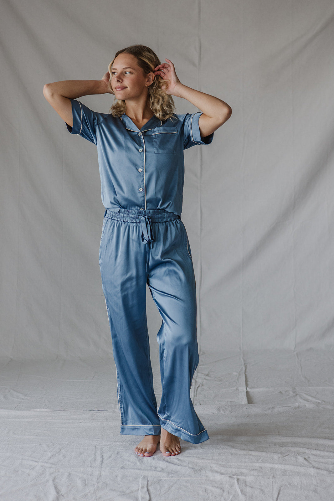 Satin Pajama Set | Blue Short Sleeve