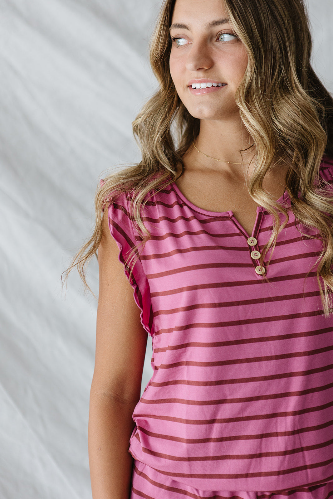 RUFFLE TANK SHORTS SET MODAL| Wild Plum & Auburn Stripe-Final Sale