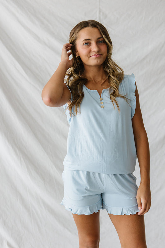 RUFFLE TANK SHORTS SET MODAL| Ice Blue