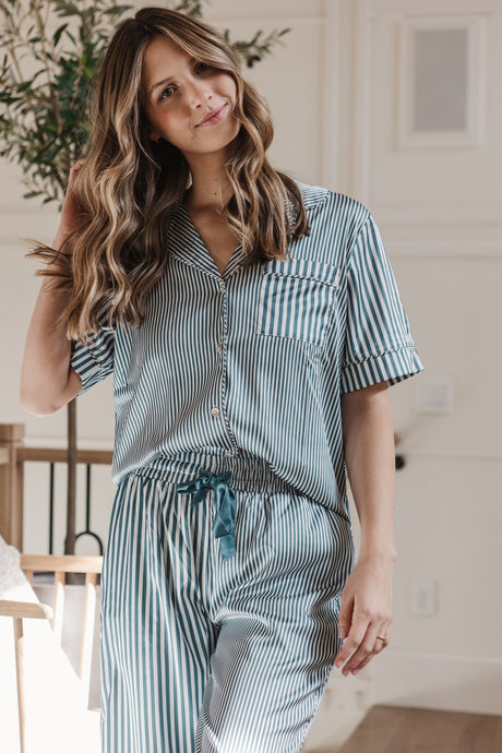Satin Pajama Set | Mismatch Green Stripe Short Sleeve