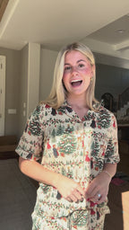 Button Up Short Sleeve Pants Set | Outdoor Holiday Scene